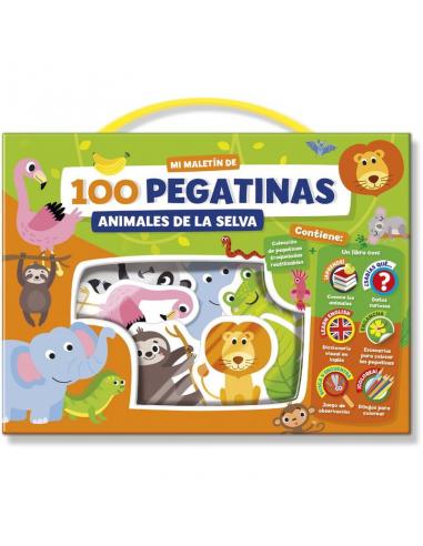 Imagiland, Playtime Maletin bilingüe libro y 100 pegatinas troqueladas reutilizables &#39;Animales de la selva&#39; - Imagen 1