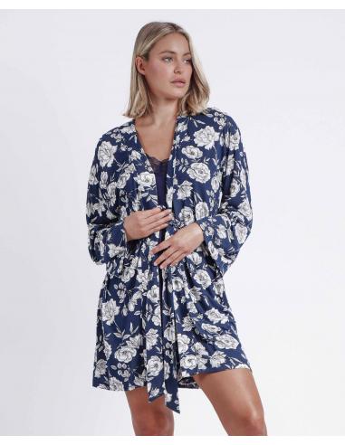 ADMAS GARDEN Bata Manga Larga Navy Flowers para Mujer