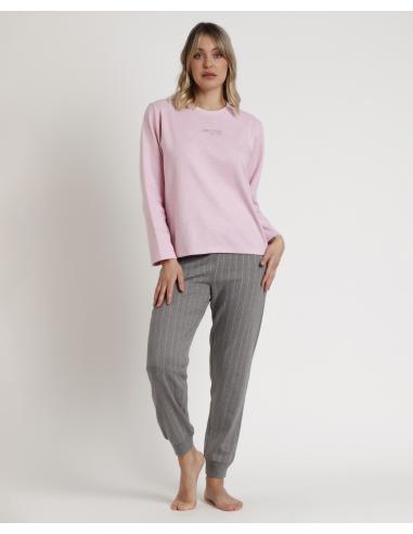 STAY AT HOME Pijama Manga Larga Soft Pink para Mujer