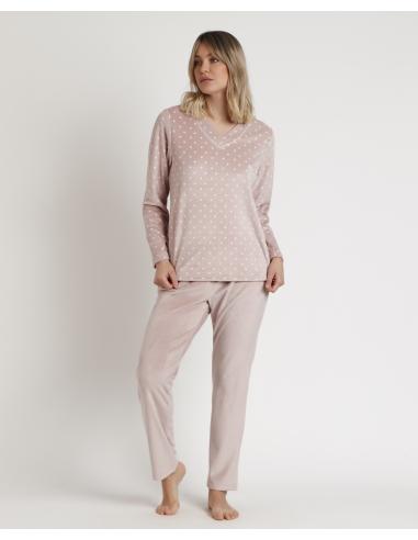 ADMAS CLASSIC Pijama Manga Larga Velvet Pico Dots Lace para Mujer