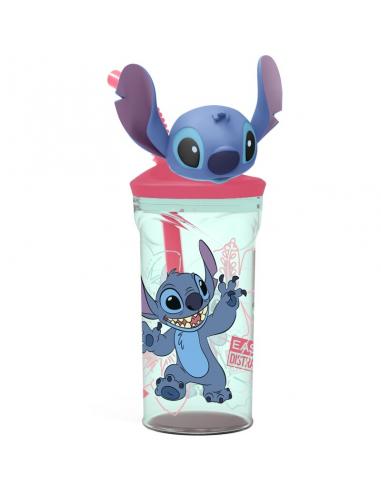 Vaso con figura 3D y pajita Stitch y flores 360 ml